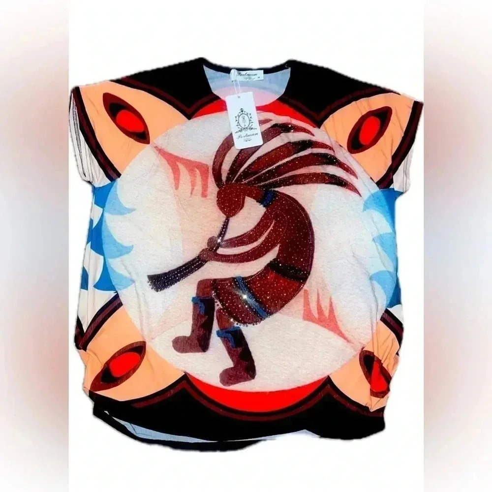 NWT Portman oversized medium boho top kokopelli moon Native American art print